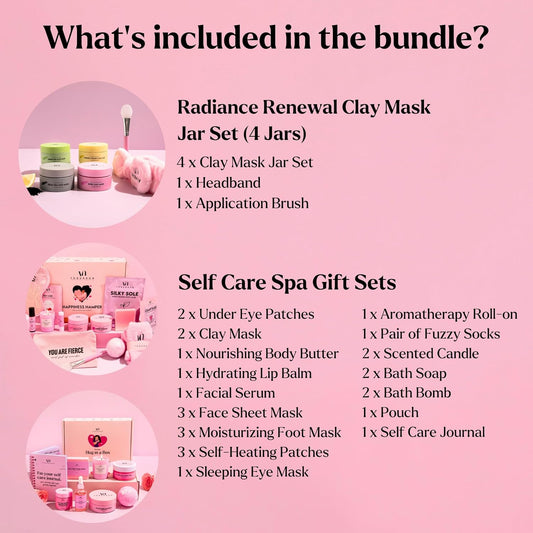 Spa Gifts for Women (Bundle of 3) - 2 x Premium Self Care Spa Kits + Clay Mask Set With Headband & Brush - Bath, Skin Care Sets & Self Care Items - Ultimate Pampering Skin Care Set - Birthday Gifts