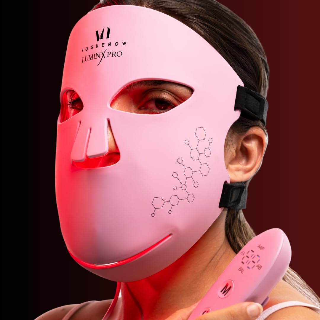 VogueNow LuminX Pro FDA-Cleared LED Light Therapy Mask – Red, Blue & Infrared Light for Wrinkle Reduction, Acne Treatment - Lip & Jowl Coverage (RB-008G)