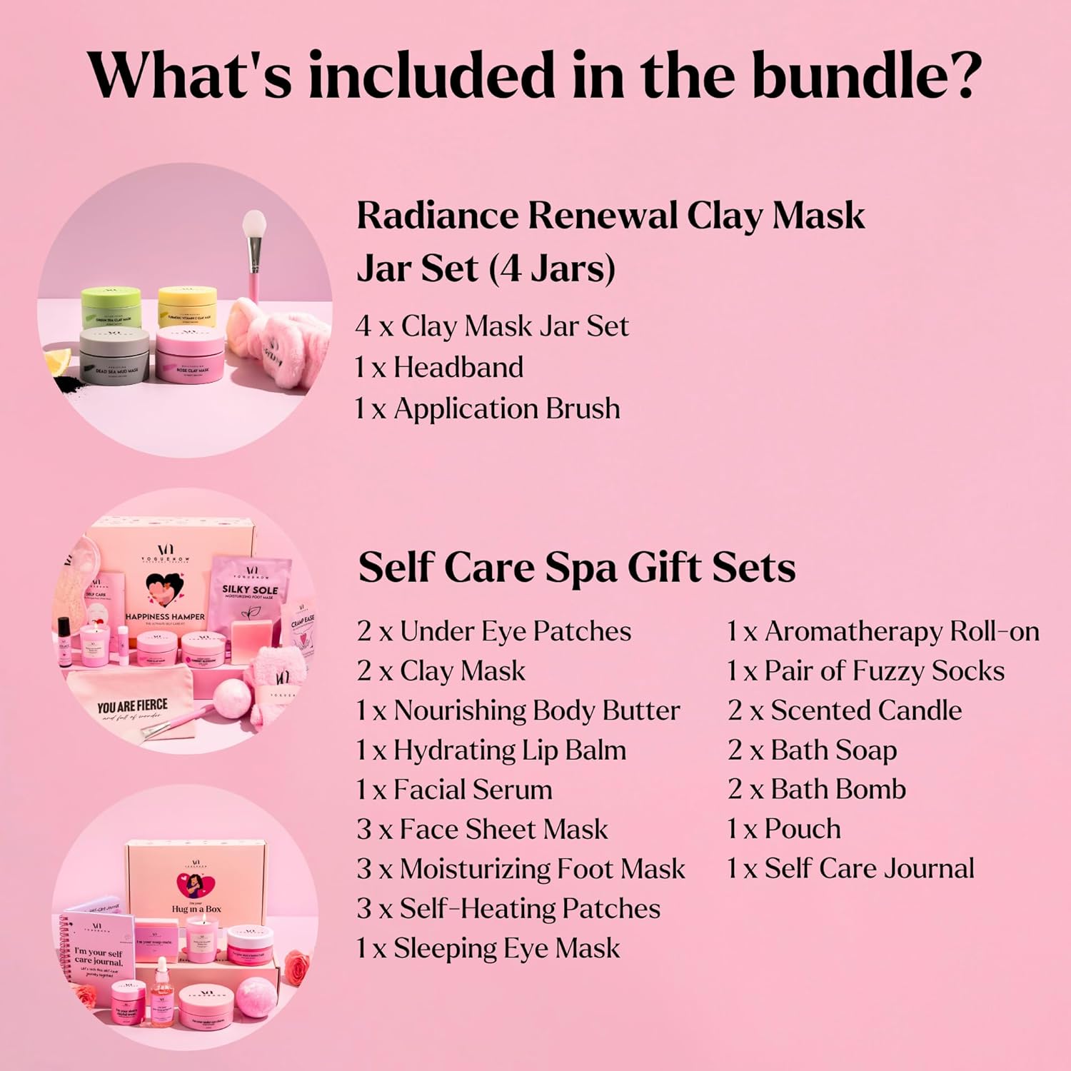 Spa Gifts for Women (Bundle of 3) - 2 x Premium Self Care Spa Kits + Clay Mask Set With Headband & Brush - Bath, Skin Care Sets & Self Care Items - Ultimate Pampering Skin Care Set - Birthday Gifts