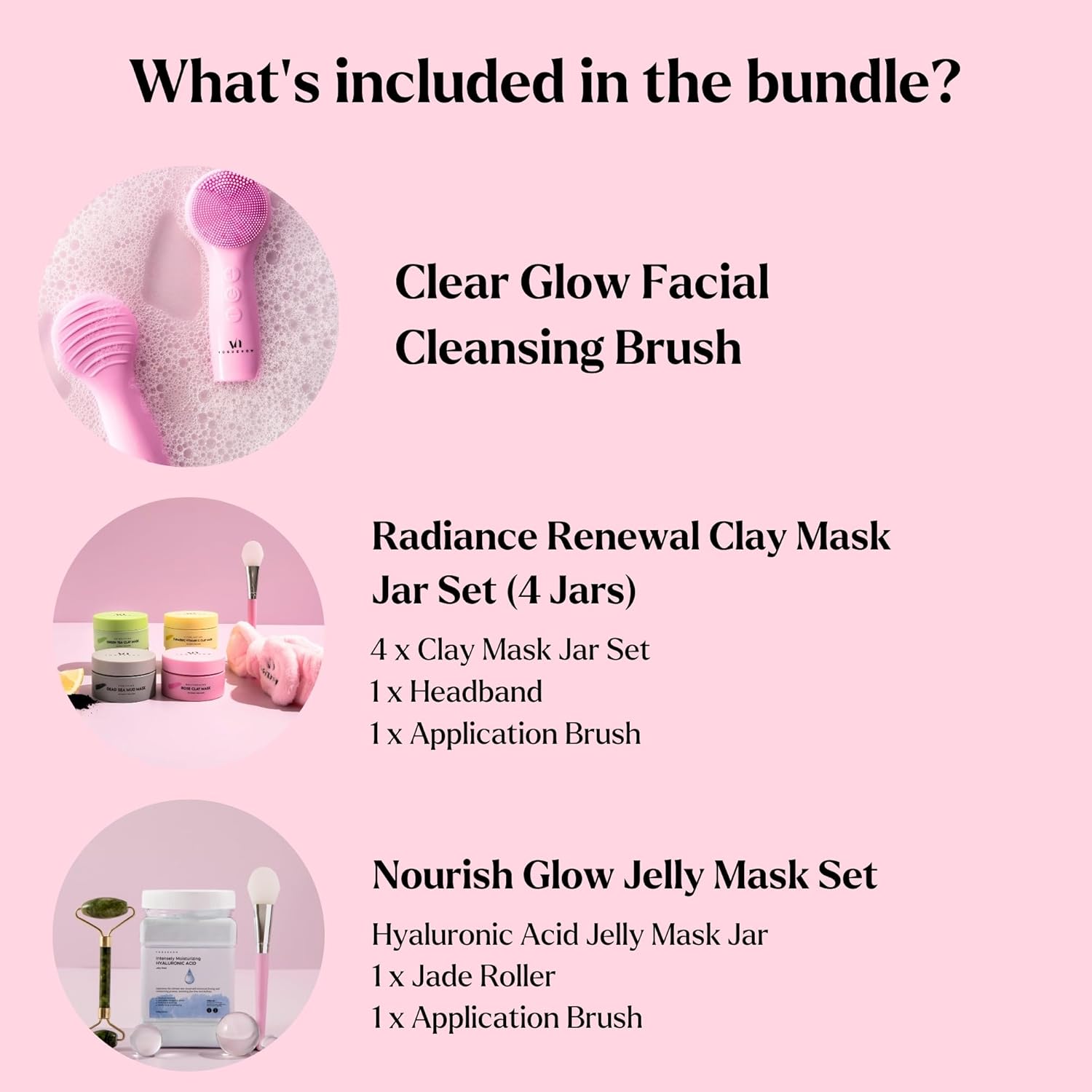 Skin Rejuvenating [Bundle of 3] - Facial Cleansing Brush for Gentle Exfoliating & Massaging + Premium Clay Mask (4 Pc Set) for Detoxifying + Hyaluronic Acid Jelly Face Mask for Facials for Nourishment