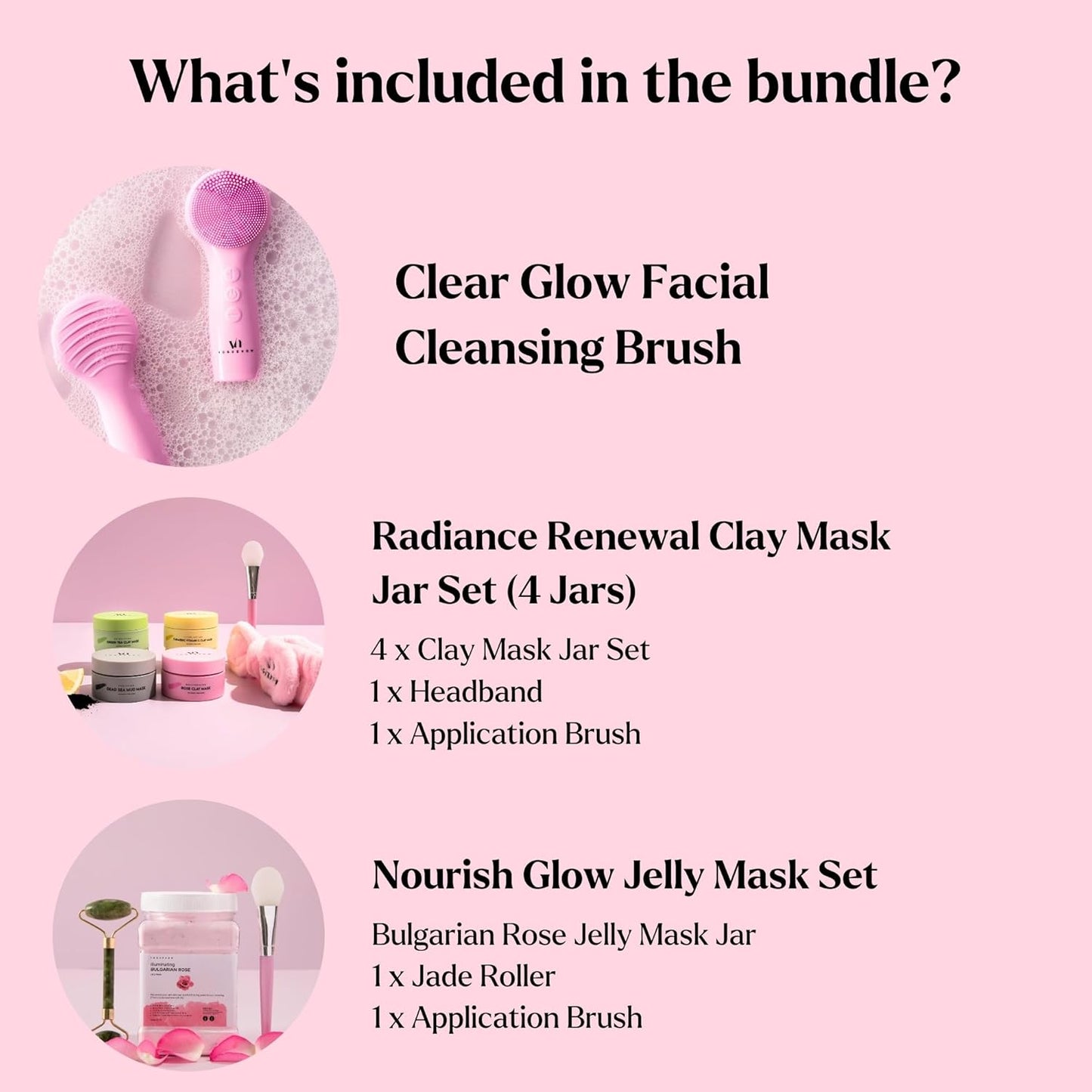 Skin Rejuvenating [Bundle of 3] - Facial Cleansing Brush for Gentle Exfoliating & Massaging + Premium Clay Mask (4 Pcs Set) for Detoxifying + Bulgarian Rose Jelly Face Mask for Facials for Nourishment