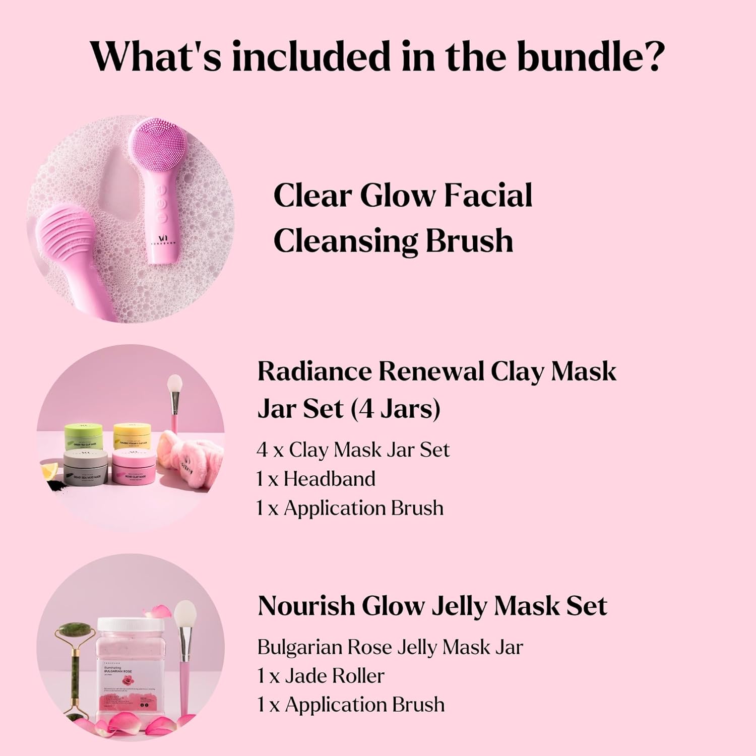 Skin Rejuvenating [Bundle of 3] - Facial Cleansing Brush for Gentle Exfoliating & Massaging + Premium Clay Mask (4 Pcs Set) for Detoxifying + Bulgarian Rose Jelly Face Mask for Facials for Nourishment