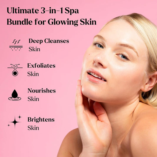 Skin Rejuvenating [Bundle of 3] - Facial Cleansing Brush for Gentle Exfoliating & Massaging + Premium Clay Mask (4 Pcs Set) for Detoxifying + Bulgarian Rose Jelly Face Mask for Facials for Nourishment