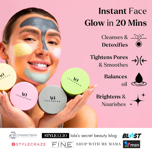 VogueNow Clay Mask Gift Pack of 4 Jars (400g) With Cute Headband & Brush | Premium Clay Face Mask | Turmeric Vitamin C, Green Tea, Rose, Dead Sea Mud | Clay Mask For Face | Spa Gift set for Women