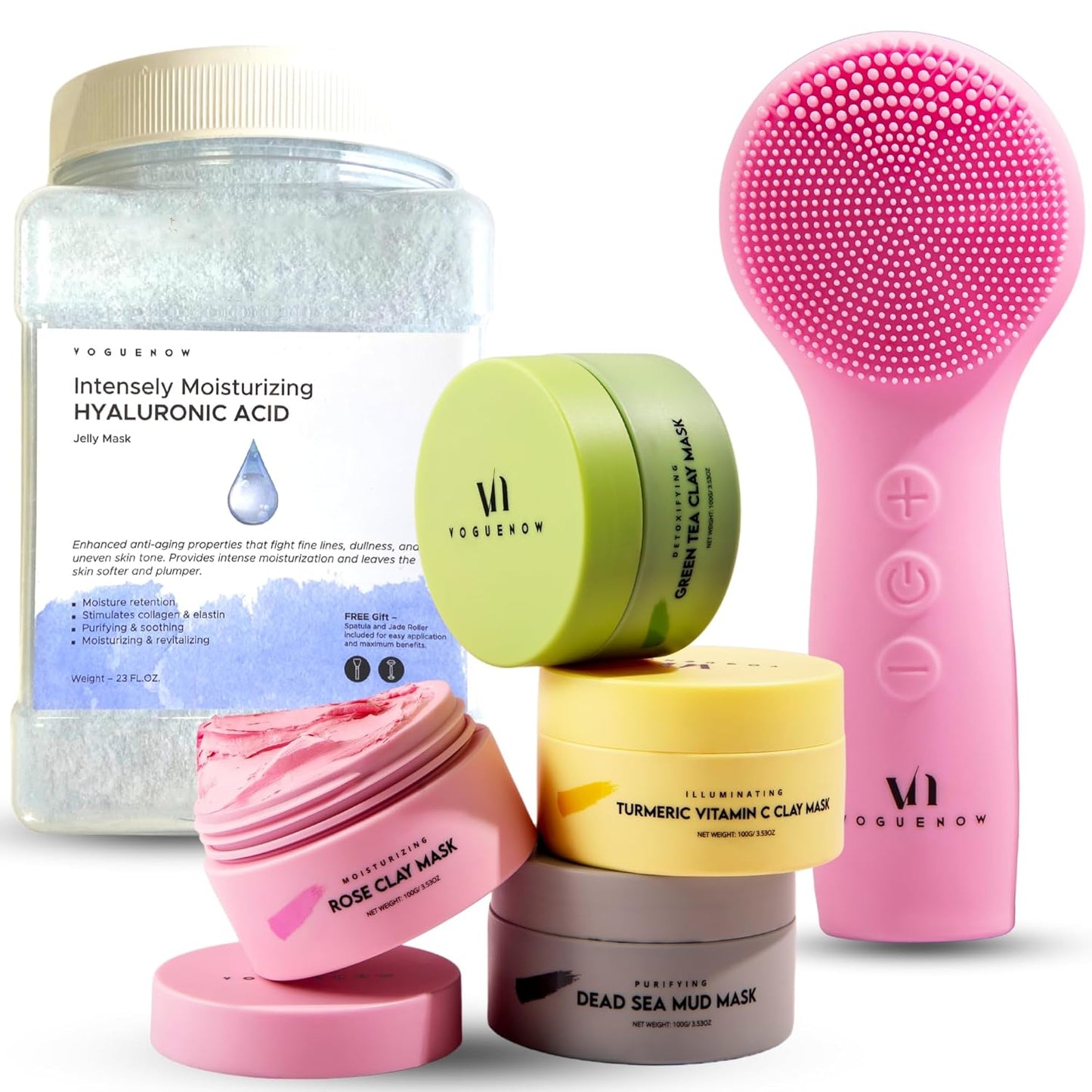Skin Rejuvenating [Bundle of 3] - Facial Cleansing Brush for Gentle Exfoliating & Massaging + Premium Clay Mask (4 Pc Set) for Detoxifying + Hyaluronic Acid Jelly Face Mask for Facials for Nourishment