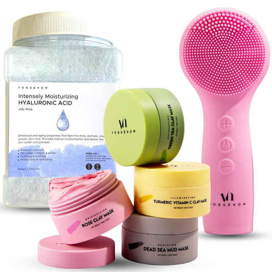 Skin Rejuvenating [Bundle of 3] - Facial Cleansing Brush for Gentle Exfoliating & Massaging + Premium Clay Mask (4 Pc Set) for Detoxifying + Hyaluronic Acid Jelly Face Mask for Facials for Nourishment