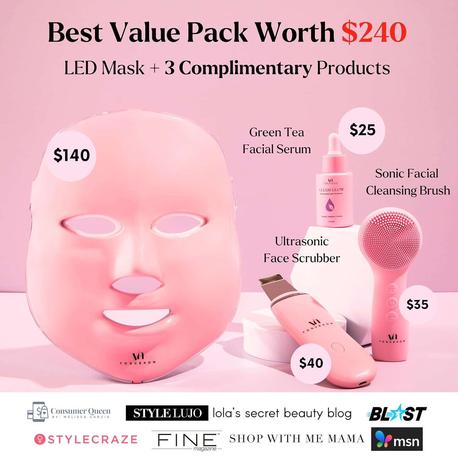 LED Face Mask Light Therapy Premium Spa Kit (4 Pcs) - With Ultrasonic Scrubber, Ultrasonic Brush & Green Tea Serum - 7 Colors (Blue & Red) Light Therapy Mask -Spa Light Therapy Facial For Rejuvenation