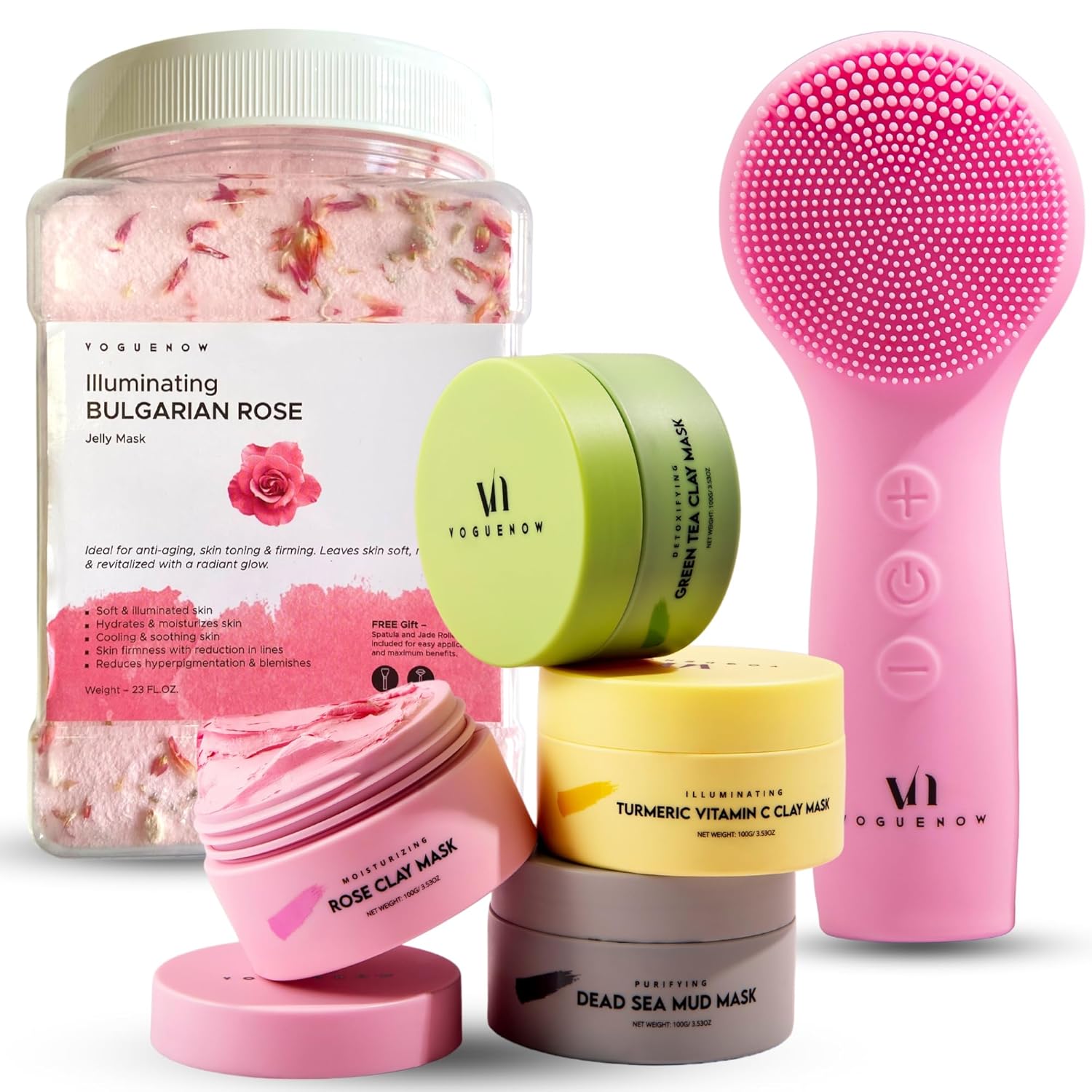 Skin Rejuvenating [Bundle of 3] - Facial Cleansing Brush for Gentle Exfoliating & Massaging + Premium Clay Mask (4 Pcs Set) for Detoxifying + Bulgarian Rose Jelly Face Mask for Facials for Nourishment