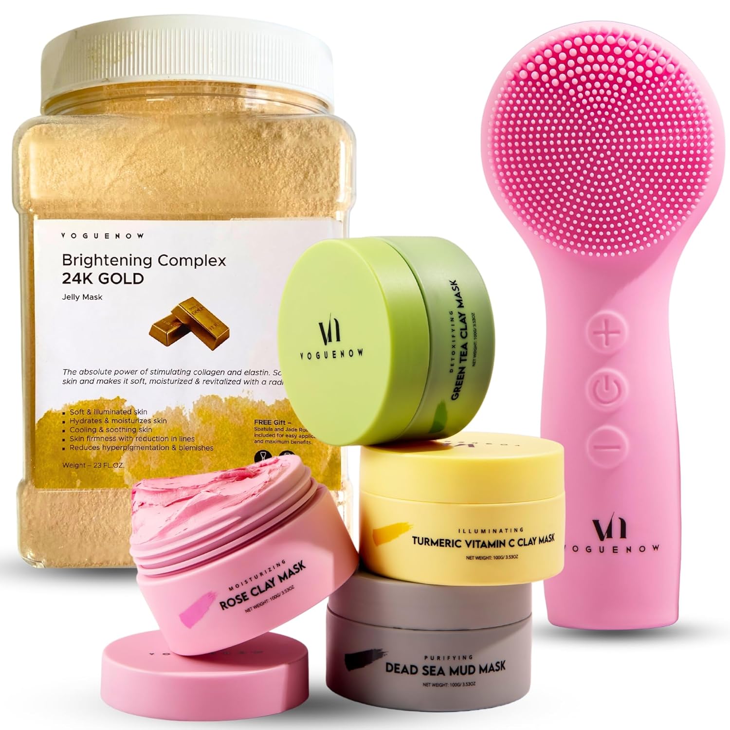 Skin Rejuvenating [Bundle of 3] - Facial Cleansing Brush for Gentle Exfoliating and Massaging + Premium Clay Mask (4 Pcs Set) for Detoxifying + 24K Gold Jelly Face Mask for Facials for Nourishment